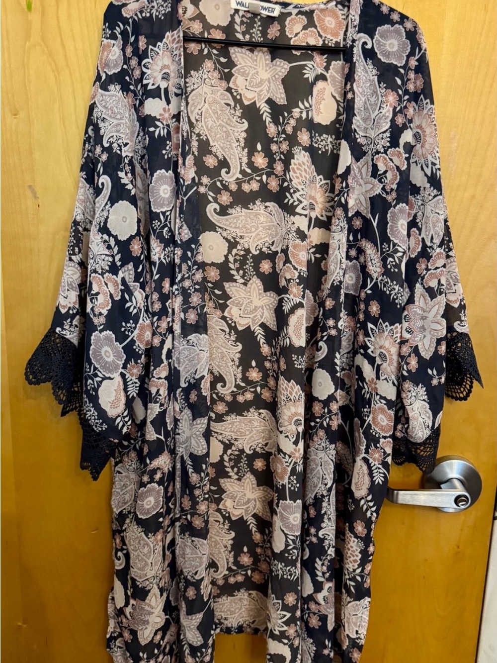 Wallflower Navy Floral Lace-Trim Kimono Robe with Blush Accents